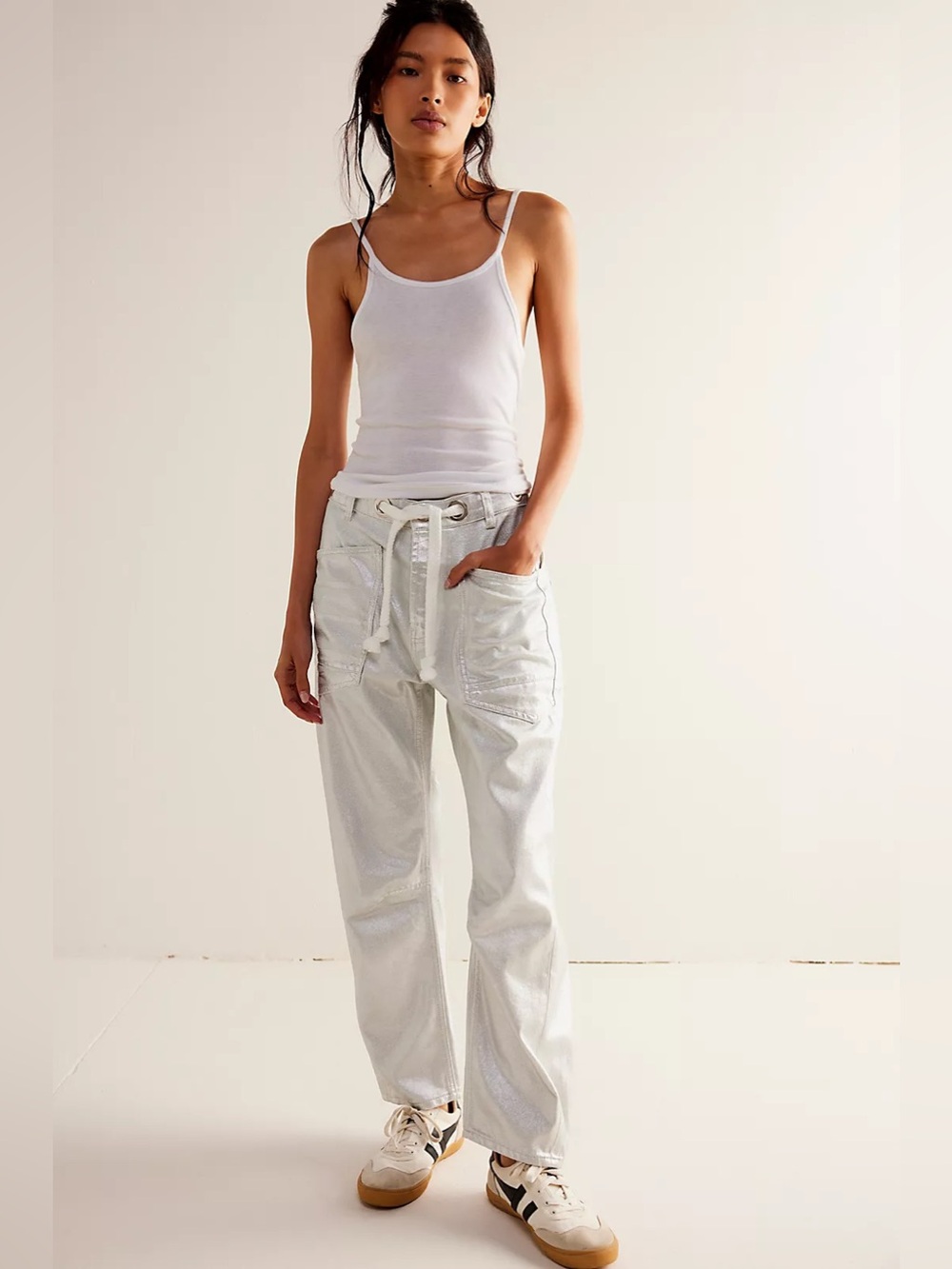 NWOT! Free People We The Free Moxie Metallic Low Slung Barrel Jeans Sz 27